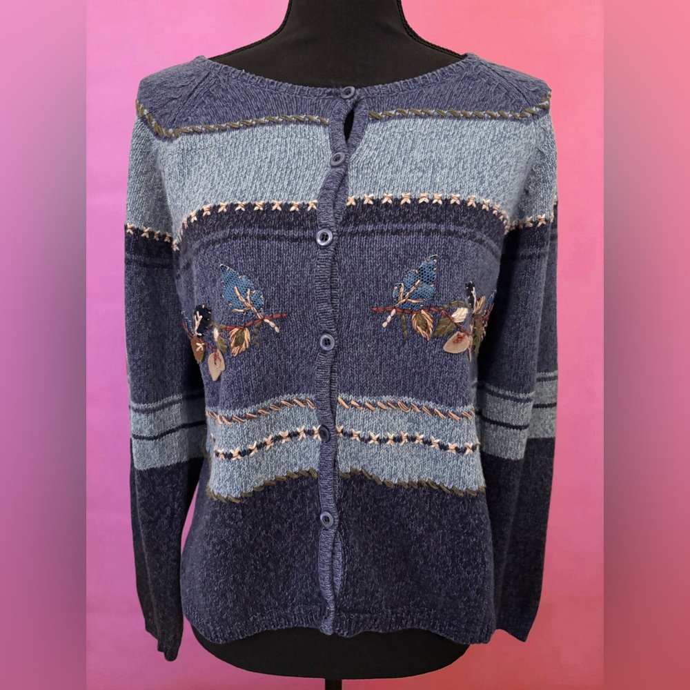 Vintage 90’s Blue Leaf Embroidered Cottagecore Cardigan